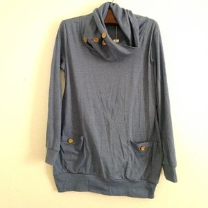 NWT Levaca Tunic Top Cowl Neck with Button Accents Blue Size Medium Chest 36"